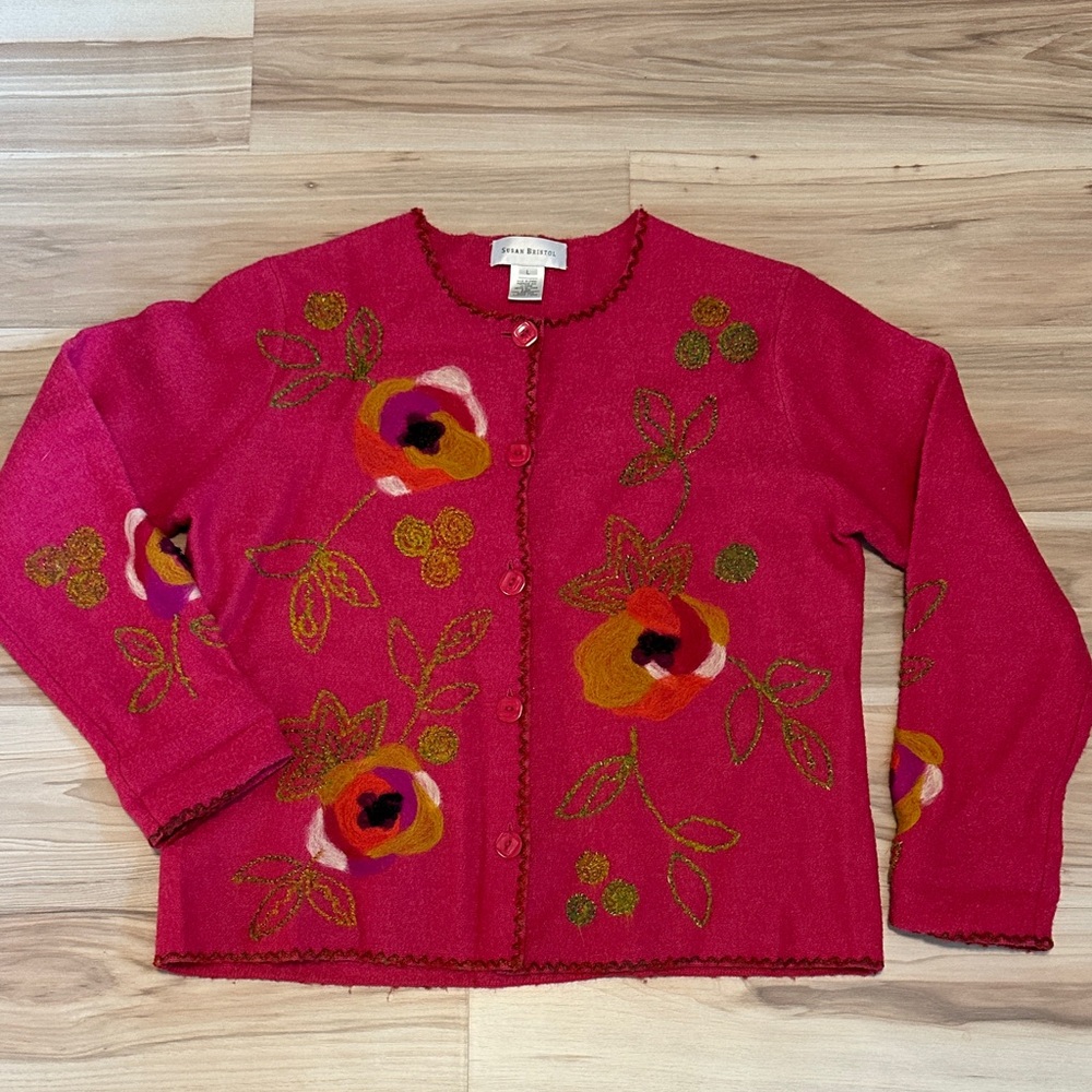 Susan Bristol Pink Wool Cardigan L